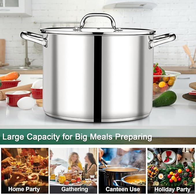 P&P CHEF 20 QT Stock Pot with Lid, Stainless Steel Large Cooking Pot, Soup Canning Stockpot for Stewing Simmering, Tri-ply Bottom for All Stoves, Heavy-Duty &Dishwasher Safe & Food-Grade
