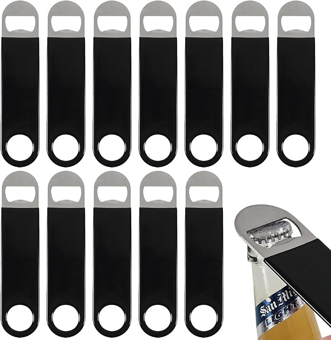 Zopnny 12 Pack 7 Inch Beer Opener with Rubber Coated, Flat Beer Bottle Openers, Stainless Steel Beer Openers(Black)