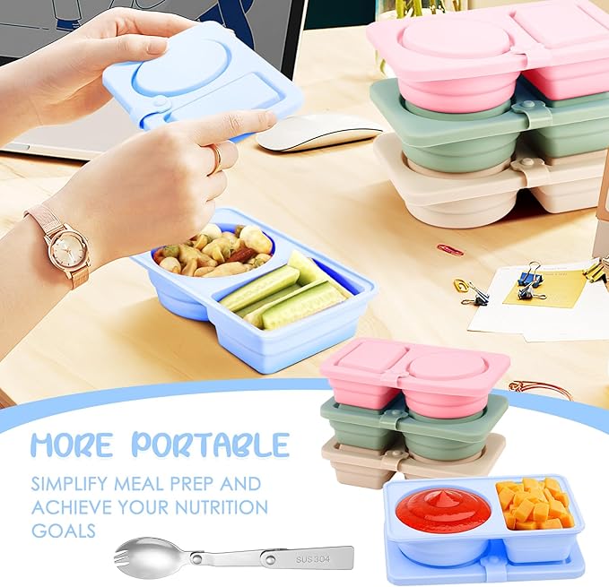 4 Pack Silicone Reusable Snack Containers with Lids, Double Compartment Snack Containers with Foldable Fork, Small Size for Sauce Containers, Travel, School, Office & Picnic
