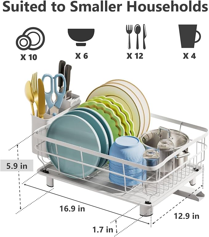 Iron Dish Drying Rack Auto Drain Dish Drainers Kitchen Counter Strainer with Draining Tray, All White