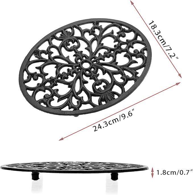 Sumnacon 1Pcs Oval Cast Iron Trivet - Antique Heat Resistant Metal Trivet for Hot Dish Pot Pan Teapot, Vintage Well Made Hot Plate Pad for Kitchen Dining Countertop Table