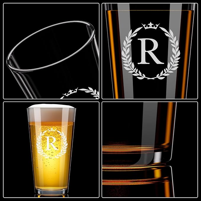 Personalized Beer Glasses Gifts for Men, 16 oz Pint Glasses Monogrammed A-Z Drinking Glass Cups Customized Gift, Unique Christmas Anniversary Birthday Gifts for Men Him Dad Brother Husband Grandpa (R)