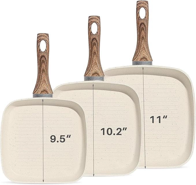 3 Pieces Nonstick Grill Pan Set – Square Griddle Pans with Wooden Handle, Compatible with All Stovetops, Perfect for Steak, BBQ, Vegetables (9.5", 10.2", 11") Ivory