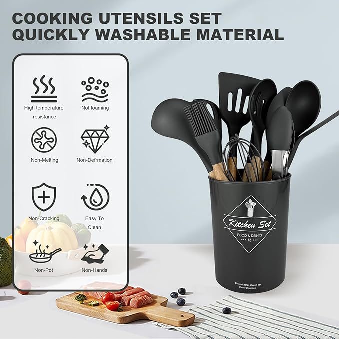 Silicone Cooking Utensils Kitchen Utensil Set - 446°F Heat Resistant Silicone Kitchen Utensils Set, Spatula,Turner Tongs, Spoon, Brush, Whisk,Kitchen Gadgets for Nonstick Cookware, BPA Free (Grey)