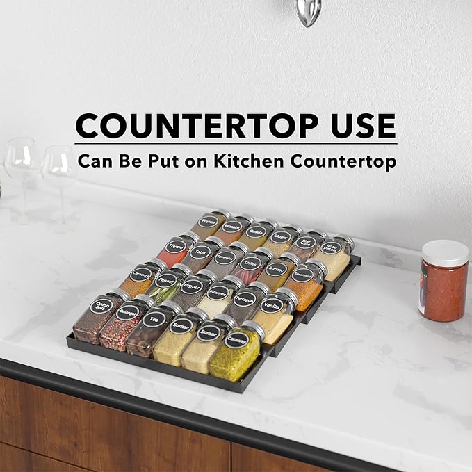 SpaceAid Spice Drawer Organizer with 24 Spice Jars, 386 Spice Labels, 4 Tier Seasoning Rack Tray Insert for Kitchen Drawers, 11.25" Wide x 17.5" Deep