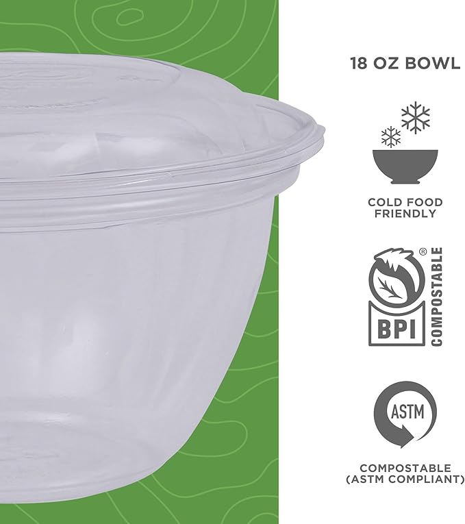 ECO PRODUCTS Compostable Clear PLA Plastic 18oz Salad Bowl With Lid, Case of 150, Grab 'n' Go Round Cold Takeout Food Containers, Renewable Plant-Based, Disposable, ASTM Compliant, BPI-Certified