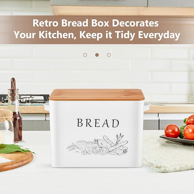 P&P CHEF Bread Box for Kitchen Counter, Metal Bread Storage Bin with Wooden Cutting Lid, Large Capacity for Holding 2+ Loaves, Retro Modern Style, Size 13” x 7.2” x 9.7”, White