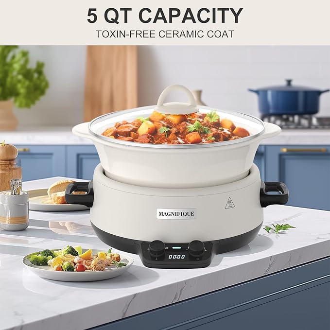 MAGNIFIQUE 5 Quart Programmable Slow Cooker with Auto Warm Setting, Glazed Ceramic Liner, Kitchen Small Appliance for Family Dinners, White