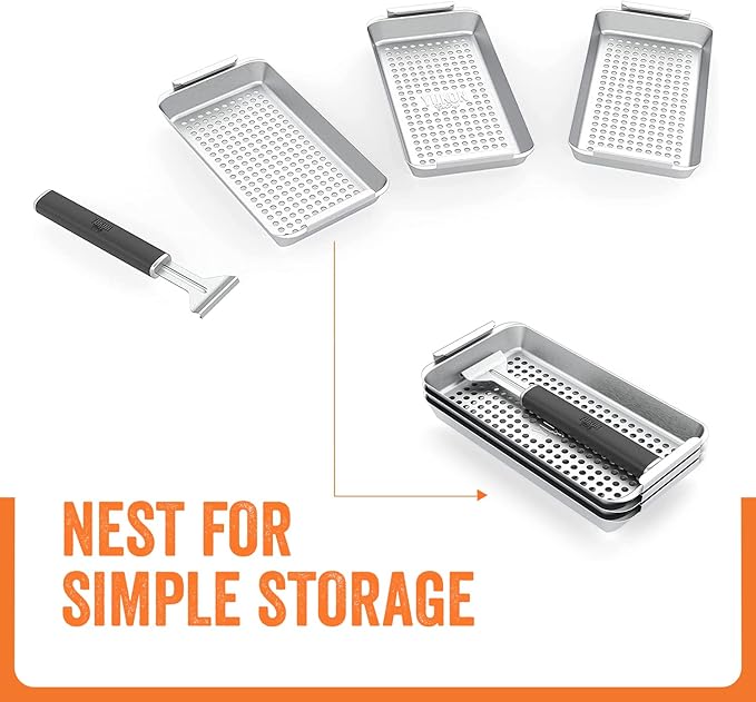 Yukon Glory™ BBQ 'N SERVE Grill Basket Set - Includes 3 Grilling Baskets a Serving Tray & Clip-on Handle - "Patented Grill-to-Table Design" Perfect For Grilling Fish Veggies & Meats