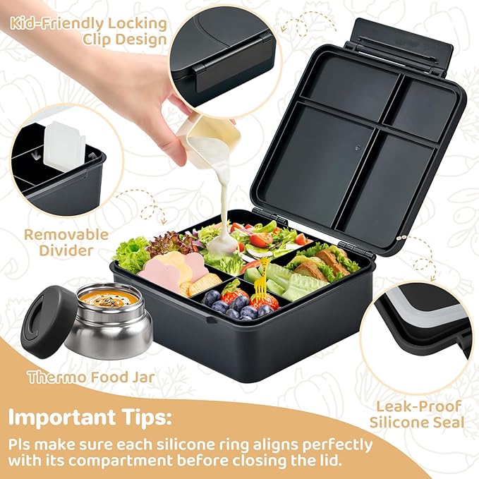 JSLOVE Bento Lunch Box with Leak Proof Thermos Food Jar for Kids, Food Lunch Containers for Boys with 4 Compartments, BPA-Free with Utensils, Food Picks, Sauce Jar & Silicone Lunch Box Dividers