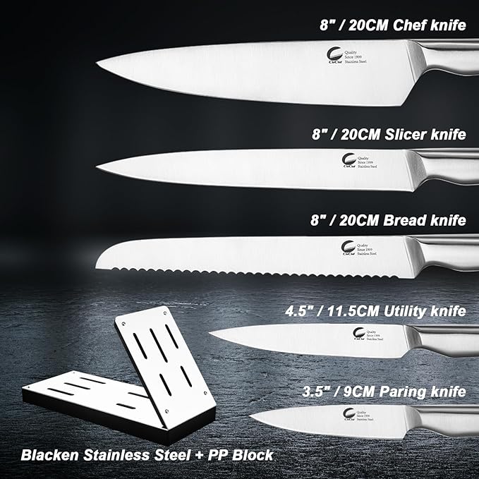 6-Piece Kitchen Knife Set with Ventilated Knife Block – High Carbon Stainless Steel Culinary Knives, Dishwasher Safe, Professional Cooking Knife Set (Chef/Slicer/Bread/Utility/Paring)