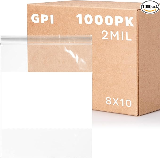 1000 Count, 8" x 10" 1/2 Gallon Zip Bags, 2 Mil Thick Clear Plastic Reclosable Zipper Lock Bags with Write-on White Block, with Resealable Zip Top Lock for Food Storage, Sandwiches & Office Supplies