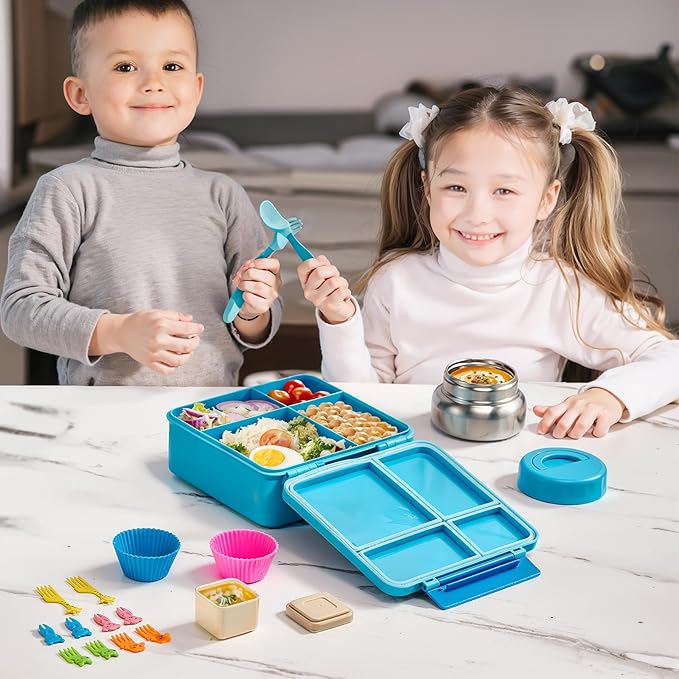 JSLOVE Bento Lunch Box with Leak Proof Thermos Food Jar for Kids, Food Lunch Containers for Boys with 4 Compartments, BPA-Free with Utensils, Food Picks, Sauce Jar & Silicone Lunch Box Dividers
