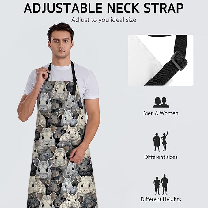 Cute Chinchilla Apron, Adjustable Kitchen Realistic Chinchilla Faces Aprons with Pockets for Cooking BBQ Gardening, 28×33 IN, Holiday Gifts for Women Men Wife, for Chef Baking, Oxford Fabric