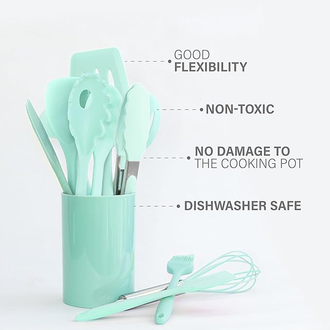Kitchen Silicone Utensil Set | 12Pcs Silicone Cooking Utensils Set | Food Grade Safety Silicone Kitchen Tools | Heat Resistant | Nonstick Utensils | Dishwasher Safe (Aquamarine)