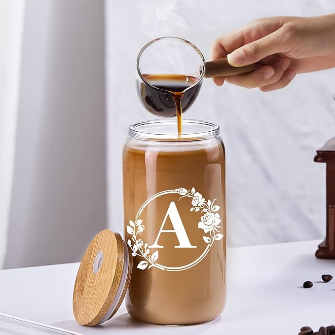 Birthday Gifts for Women, Monogrammed Initial Glass Cup Personalized Gifts for Women, 16oz Glass Cups with Lids and Straws, Iced Coffee Cup, Beer Can Shaped Glass - Gifts for Christmas, Birthday, A