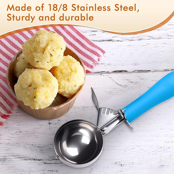 Ice Cream Scoop with Trigger, 2 OZ Scoop, #16 Disher, Muffin Scoop, Large Cookie Scoops for Baking, Blue Handle, for Portion Control, Dishwasher Safe, Comfortable Grip