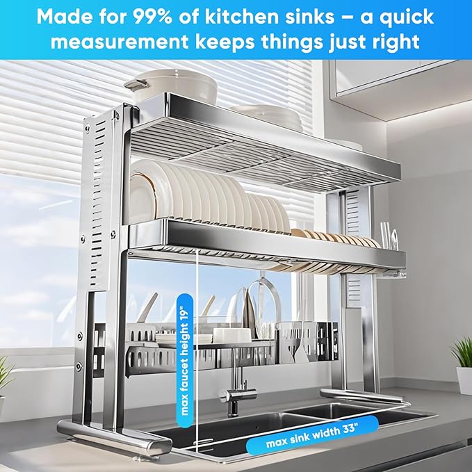 Large Over The Sink Dish Drainer Drying Rack，2 Tier Large Capacity Stainless Steel Dish Drying Rack Over Sink, Multifunctional Kitchen Organizers and Storage Dish Rack 304 Silver, Double Layer)