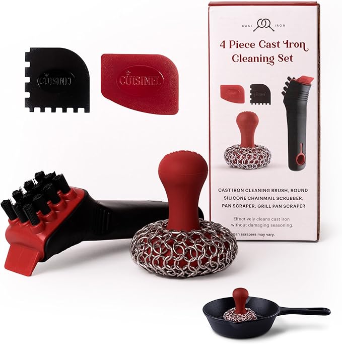 Cuisinel Cast Iron Chain Mail Scrubber + Cleaning Brush + Pan & Grill Scrapers - The Ultimate Skillet and Grill Cleaner Kit - Soft-Touch Confident-Grip Dish Scrub Tool - Silicone/Stainless Accessories