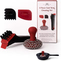 Cuisinel Cast Iron Chain Mail Scrubber + Cleaning Brush + Pan & Grill Scrapers - The Ultimate Skillet and Grill Cleaner Kit - Soft-Touch Confident-Grip Dish Scrub Tool - Silicone/Stainless Accessories