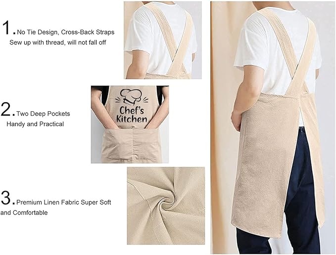 Cotton Linen Apron Non-tie Cross Back Kitchen Apron with Pockets Soft Comfortable Durable for Cooking Baking Gardening (Khaki,Chef's Kitchen)