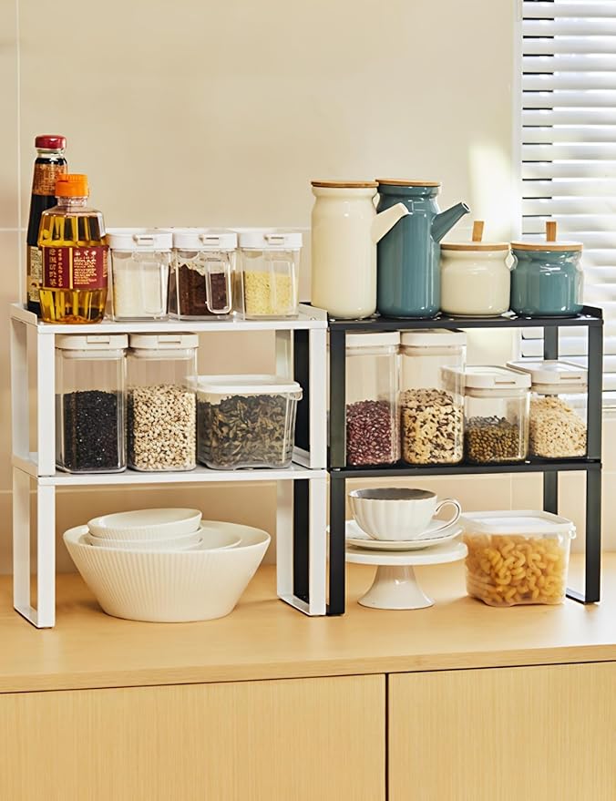 Spice Rack,Metal Kitchen Storage Shelves Countertop Organizers, Shelf Risers, Stackable (black)