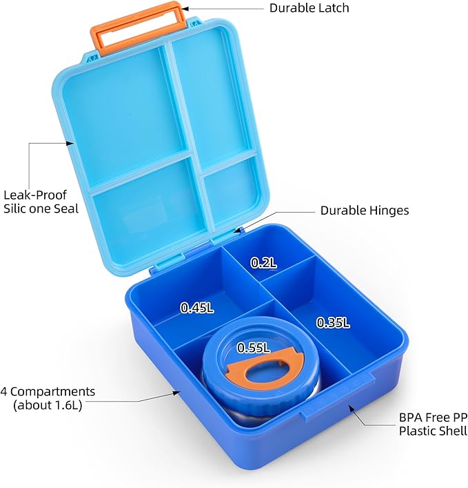 Bento Lunch Box for Kids With 8oz Soup Thermo,Leak-proof Lunch Containers with 4 Compartment,Thermo Food Jar, Food Containers for School