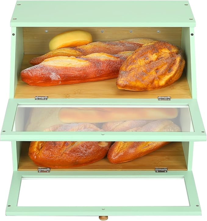 HOMEKOKO Double Layer Large Bread Box for Kitchen Counter, Wooden Large Capacity Bread Storage Bin (Mint Green)