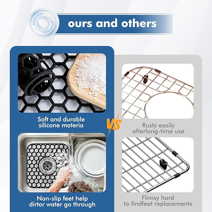 Silicone Sink Protectors for Kitchen Sink - 12" x 11" Kitchen Sink Grid Accessory, Non-Slip Heat-Resistant Mat for Bottom of Porcelain Stainless Steel, Dishwasher Safe (Black)