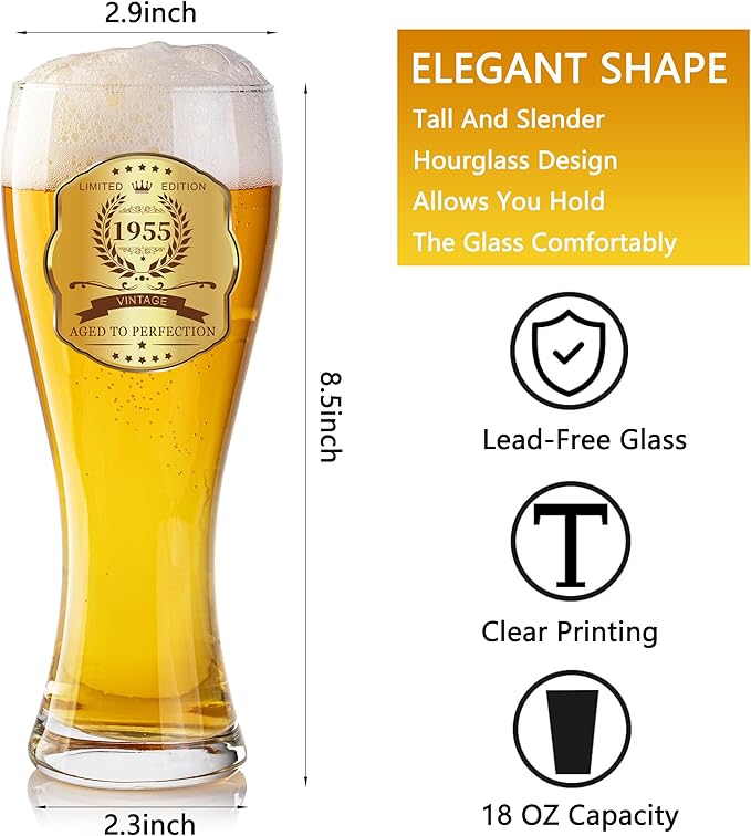 70th Birthday Beer Glasses Gifts, Personalized '1955' Vintage Glass Ware Set for Men, Black Gift Package with Drinking Glass, Coaster, and Card for 70 Years Old Man