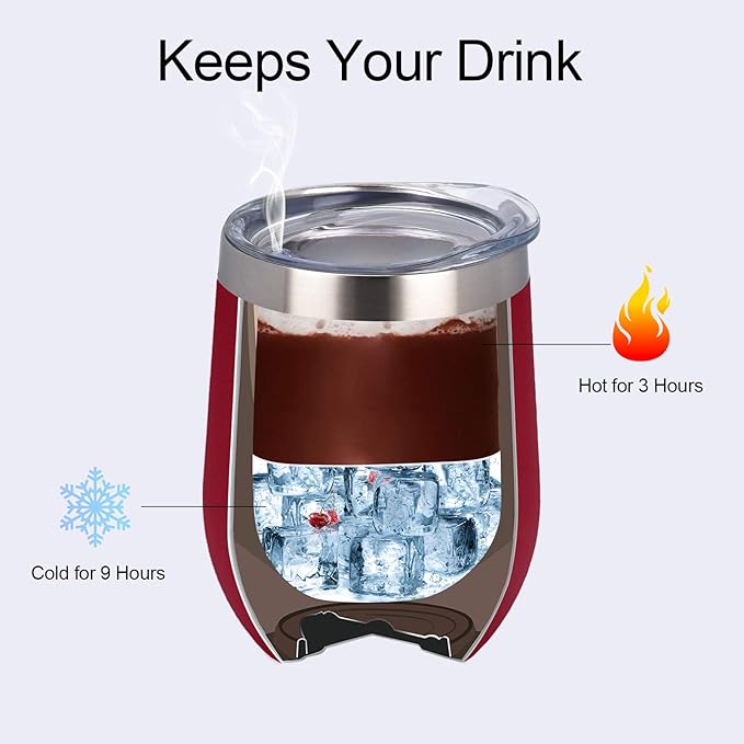 12 Pack Stainless Steel Wine Tumblers, 12Oz Double Wall Vacuum Insulated Wine Tumblers with Lids and Straws, Stainless Steel Stemless Wine Glasses for Coffee, Wine, Cocktails, Champaign, Wine Red…