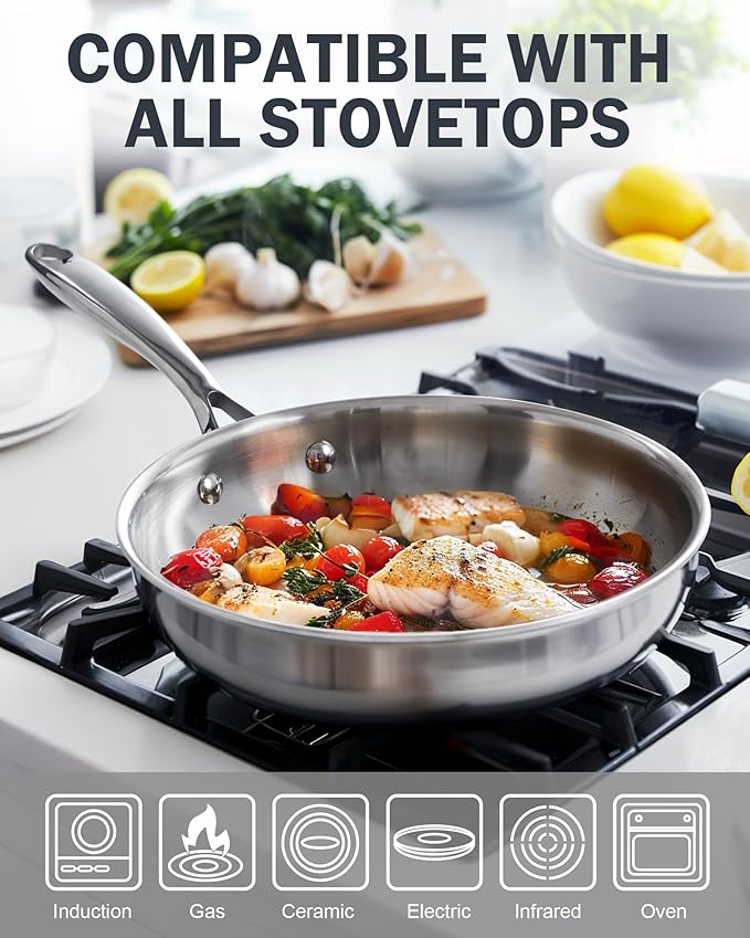 Cooks Standard Stainless Steel Frying Pan with Lid, 12-Inch Multi-Ply Clad Wok Stir Fry Pan, Kitchen Skillet, Silver