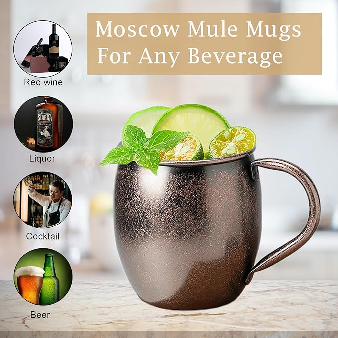 Moscow Mule MugsSet of 2-18 Oz Copper-Plated Fine Craftsmanship Etched Mugs,304 Stainless Steel-Lined Mule Cups,For Cold Drinks, Beer, Wine, Bars, Parties
