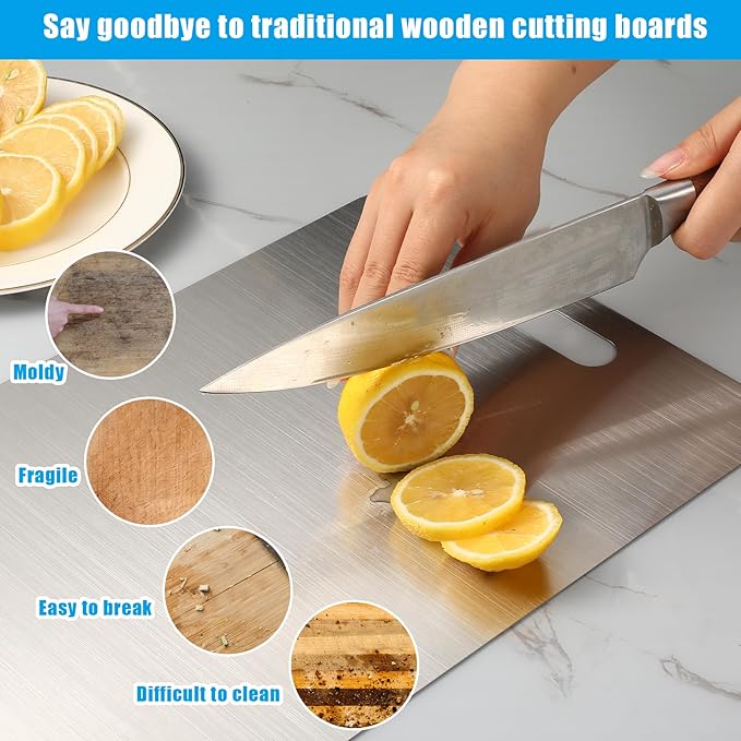 3PCS Stainless Steel Cutting Board Set, 304 Metal Kitchen Cutting Boards Non Toxic with Burr-Free Edges, Dishwasher Safe Non-Staining & Odor-Free for Meat, Vegetables, Fruits (S+M+L)