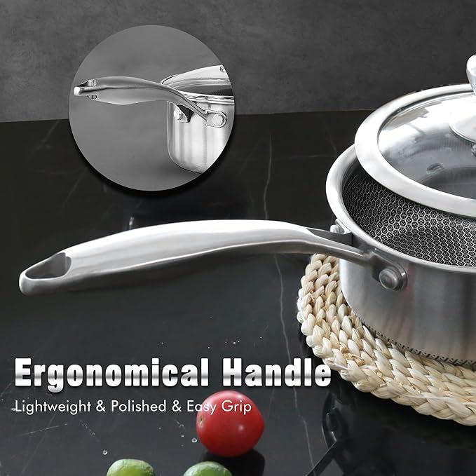AuFranc™ Hybrid Nonstick 1 Quart Stainless Steel Saucepan with Glass Lid, Induction Sauce Pan with Honeycomb Carving, Non-stick Sauce Pot Compatible with All Cooktops, Dishwasher Safe, Non-Toxic