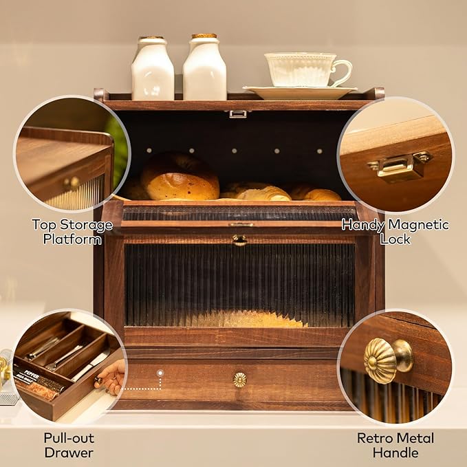 Solid Wood Bread Box for Kitchen Countertop with Drawer and 50 Count Deli Paper, 2 Layer Large Capacity Wooden Breadbox, Vintage Food Storage Container for Kitchen Counter Corner, Brown