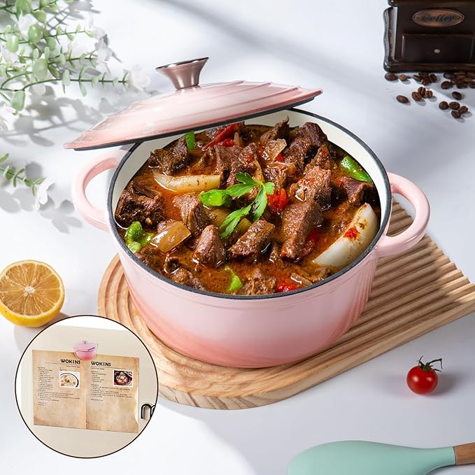 Enameled Cast Iron Dutch Oven Pot with Lid Heavy-Duty Cookware for Bread Baking,Braising,Stews,Roasting,Oven Safe up to 500°F,5.5QT,pink