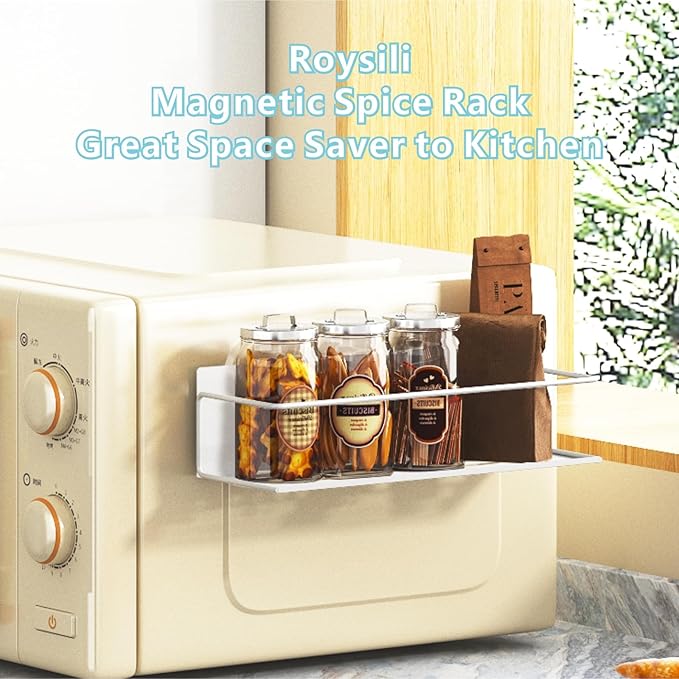 Magnetic Spice Rack for Refrigerator Magnetic Fridge Shelf for Kitchen Spice Organizer Magnetic Shelf for Fridge Space Saving White 4 Pack with Magnetic Paper Towel Holder