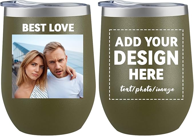 MEWAY Personalized Custom 12oz Wine Tumbler with Lid, Insulated Double Wall Vacuum Travel Tumbler Gifts with Text Photo Logo (Army green, 1pack)
