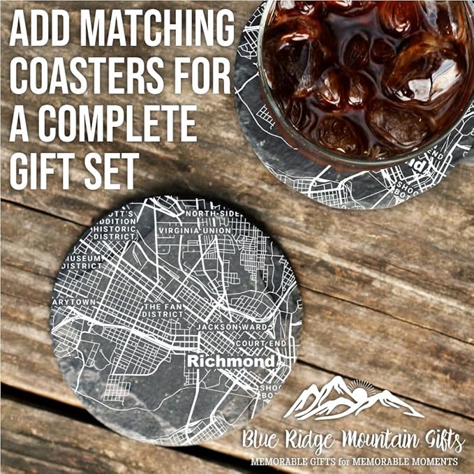 Blue Ridge Mountain Gifts - Richmond Souvenir - Virginia Glassware Gift, Etched City Map, Laser Engraved and Dishwasher Safe