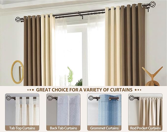 KAMANINA 1 Inch Double Curtain Rods 66 to 120 Inches (5.5-10 Feet) Telescoping Heavy Duty Drapery Rod for Windows 54 to 115 with Twisted Cage Finials, Antique Bronze