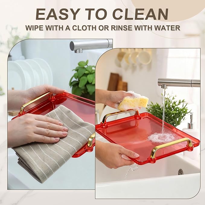 uxcell Plastic Serving Tray with Golden Handle, 12 x 8.6 Modern Rectangular Decorative Tray Acrylic Reusable Tea Platter for Countertop Bathroom Kitchen Home Restaurant, Gold
