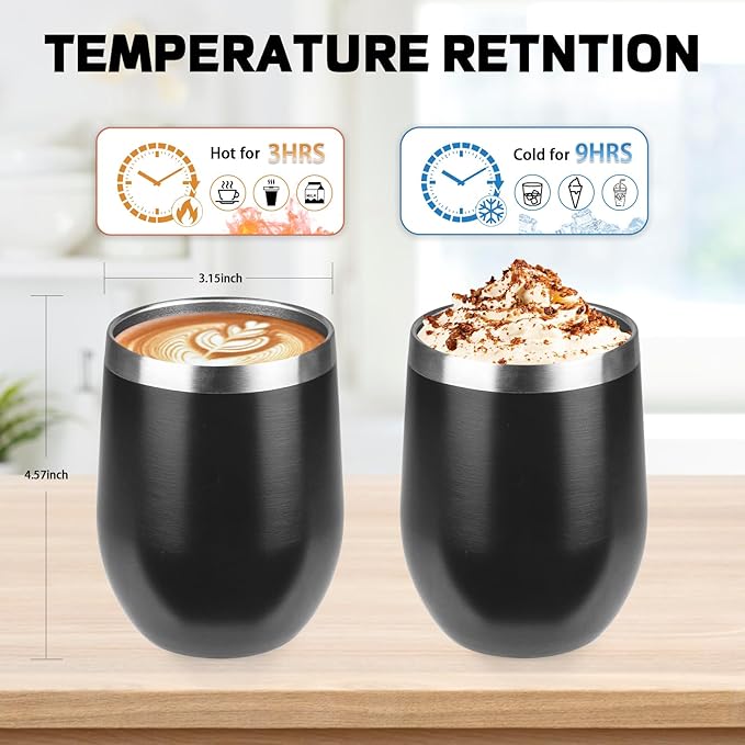 StarSpeed 12oz/6 Pack Wine Tumbler with lid, Stainless Steel Travel Mugs Stemless Double Wall Insulated Coffee Cup, Insulated Wine Glasses Travel Tumbler for Cold & Hot Drinks(Black, 6)