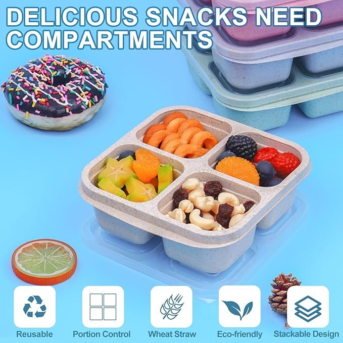4 Pack Snack Containers, 4 Compartments Snackle Box Container, Meal Prep Reusable Lunchable Container for Adults, Microwave Dishwasher Safe, Food Storage Containers for Work Travel