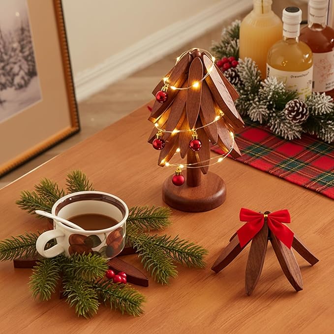 Wooden Trivets for Hot Dishes,Tree Shape Trivet Set,Placemat Solid Wood Table Mat for Hot Pots,Pans 5 Layers+1 Stand Heat Insulation Ornament Christmas Decorations DIY Xmas Gift
