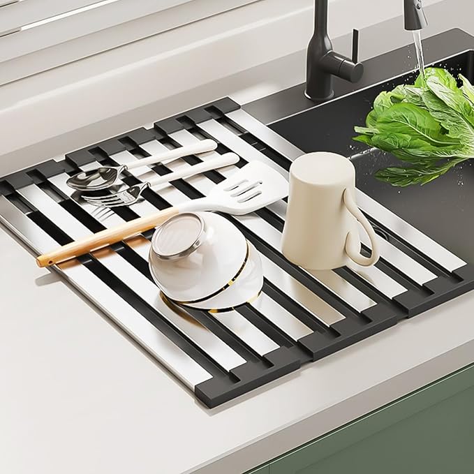 13.8"*12.8" Foldable Dish Drying Rack Thickened & Widened Over Sink Dish Drying Rack High-Temperature Resistant Removable Sink Storage Rack 304 Stainless Steel Drainer for Kitchen and Rv sink