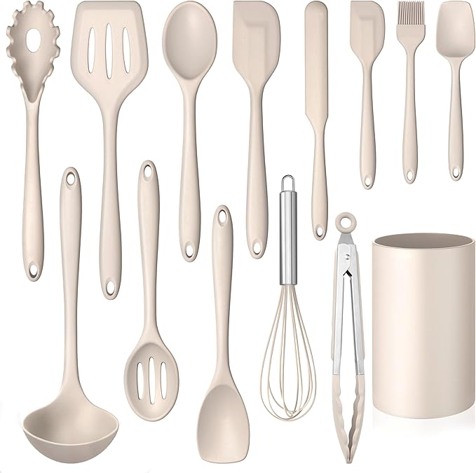 LIANYU 14 Pcs Kitchen Utensils Set with Holder, Silicone Cooking Utensils Spatula Set, Heat Resistant Cookware Tools Includes Spoon Turner Whisk Tong, Dishwasher Safe, Khaki
