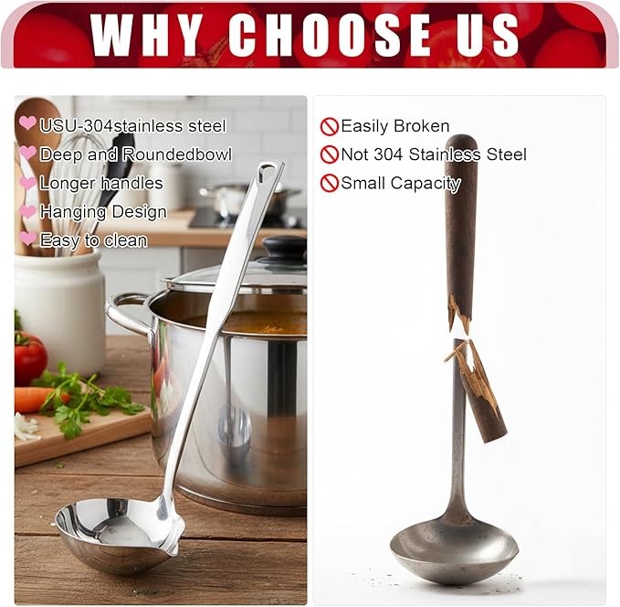 2 Pcs Kitchen Soup Ladle 304 Stainless Steel Punch Metal Luminous Heavy Ladell Spoons With Pour Spout Gravy Ladles for Serving,Cooking,Canning,Sauces,Gravy,Stews