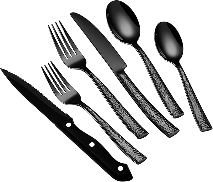 Stapava 48 Pcs Black Hammered Silverware Set with Steak Knives, Stainless Steel Flatware Set for 8, Mirror Cutlery Include Forks Spoons and Knives Set for Home Hotel, Dishwasher Safe Utensils