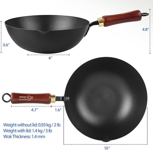 10 Inch Carbon Steel Wok For Electric, Induction and Gas Stoves (Lid and User Guide Video Included)